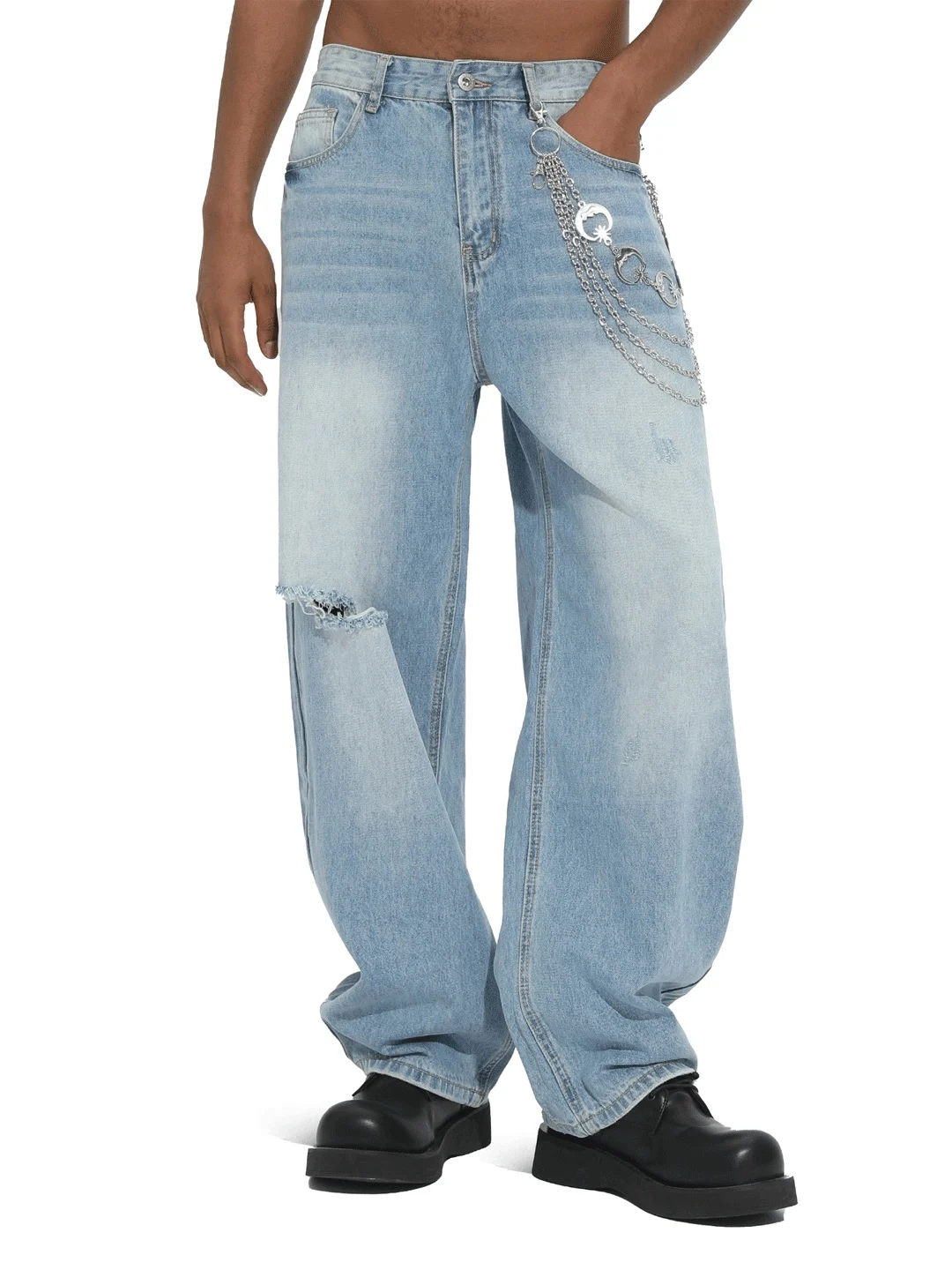 

Retro Waed Blue White High Street Knife Denim Jeans Faded Hole Glow Box 2025AW Loose Straight Leg Casual Teen Jeans