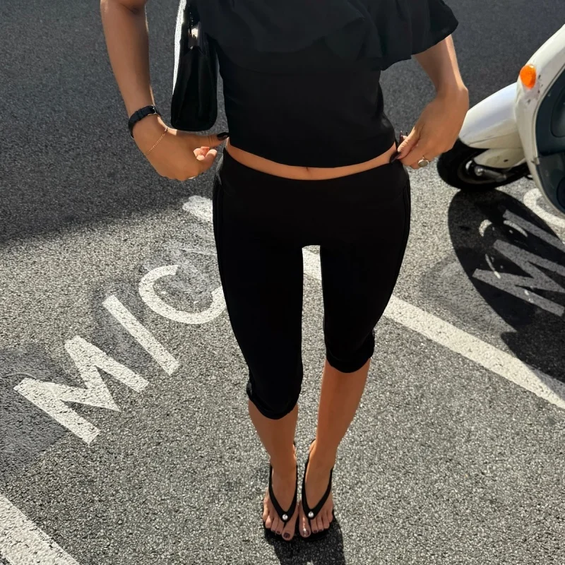 

Women Low Rise Split Hem 3/4 Length Skinny Pants Solid Fold Over Waistband Capri Leggings Casual Summer Streetwear Yoga Pants