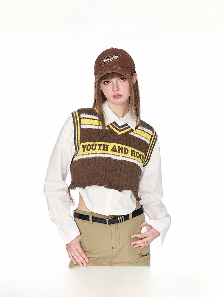 Brown Knitted Sweater Vest Women's Spring New Style Sleeveless College Retro Top Street Style Embroidered Tassel V-Neck Regul...