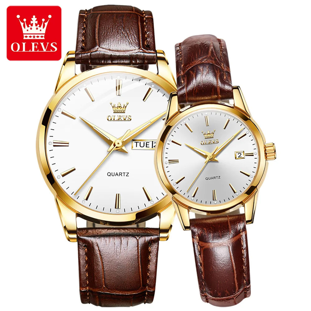 OLEVS 6898 Leather Strap Quartz Couple Watch Simplicity Fashion Waterproof Watches for Men Women Luxury Gifts for His or Hers