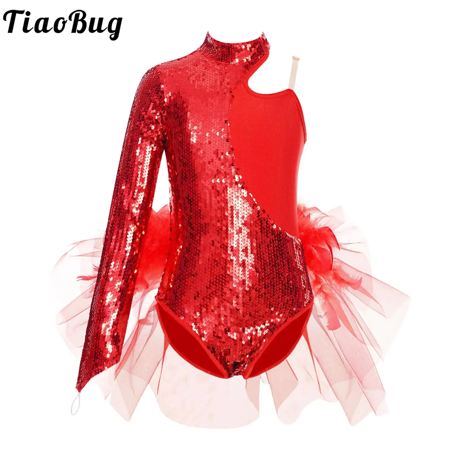 Kids Girls Shiny Sequin Moden Latin jazz Leotard Dress One Shoulder Long Sleeves Tulle Skirted Bodysuit Ballet Dance Costume