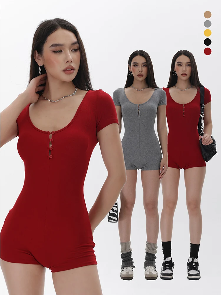 

Red Knitted Short Sleeve High Waist Short Pants Set Women's Slim Fit round Neck Buttoned One-Piece Suit Commute Style Cotton ...