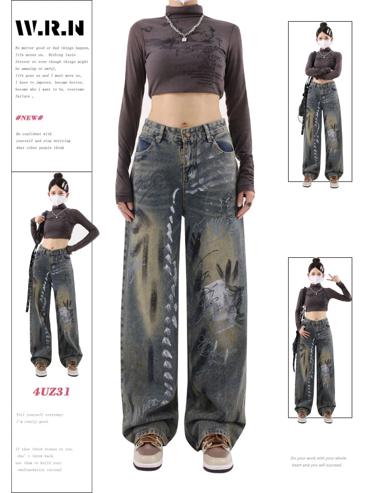 Y2K Harajuku Wide Leg High Waist Flared Jeans 2024 Summer High Street Style Pants Women's Vintage Printting Denim Trouser