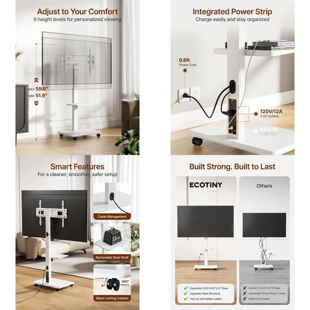 

Регулируемая по высоте поворотная подставка для телевизора для экранов 32-75 дюймов, до 110 фунтов, белая, со скрытой системой организации проводов