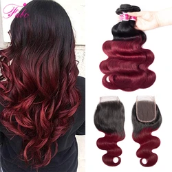 Burgundy Body Wave Bundles with 4x4 Closure Ombre Human Hair Bundles 1B/99J Brazilian Virgin Hair Red Bundle Colored