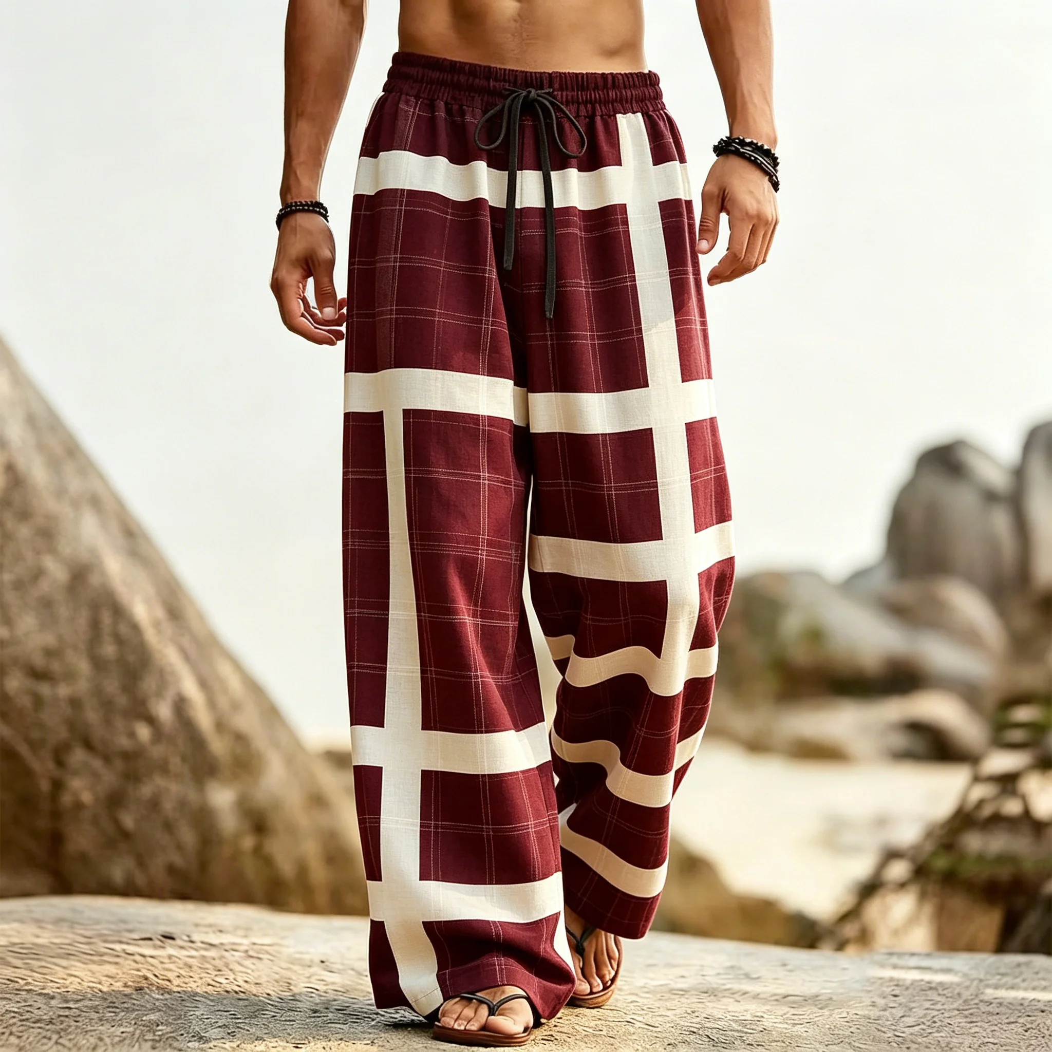 Men's Classic Navy Plaid Print Drawstring Wide Leg Pants, Loose Casual Trousers For Spring Summer Beach & Daily Wear