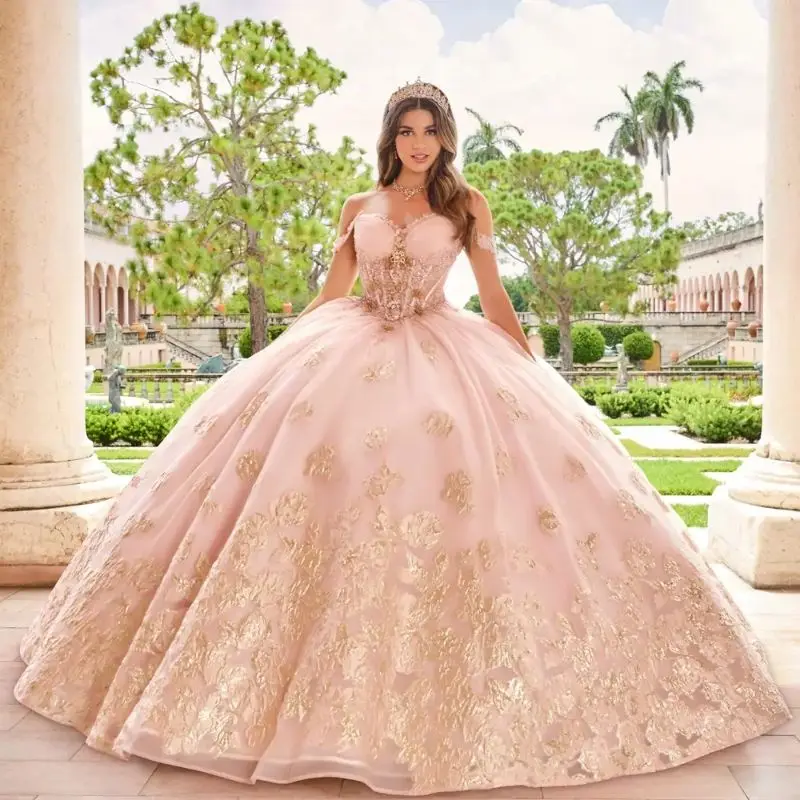 ที่กําหนดเองสีชมพู Sweetheart Quinceanera ชุดทองดอกไม้ดอกไม้ลูกปัดชุดหวาน 15 Party Vestidos De XV Anos YQD392