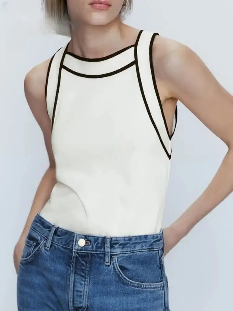 Women Sleeveless Slim Vest Fashion White Vest Y2K Style Tight Knit Vest