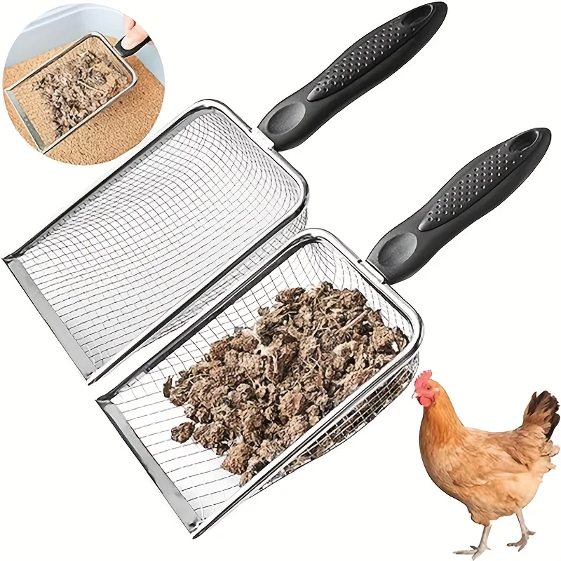 Pala para gallinero de acero inoxidable, con pantalla de malla de 3,8mm, construcción de calibre pesado, mango y agarre antideslizante, 1 ud.