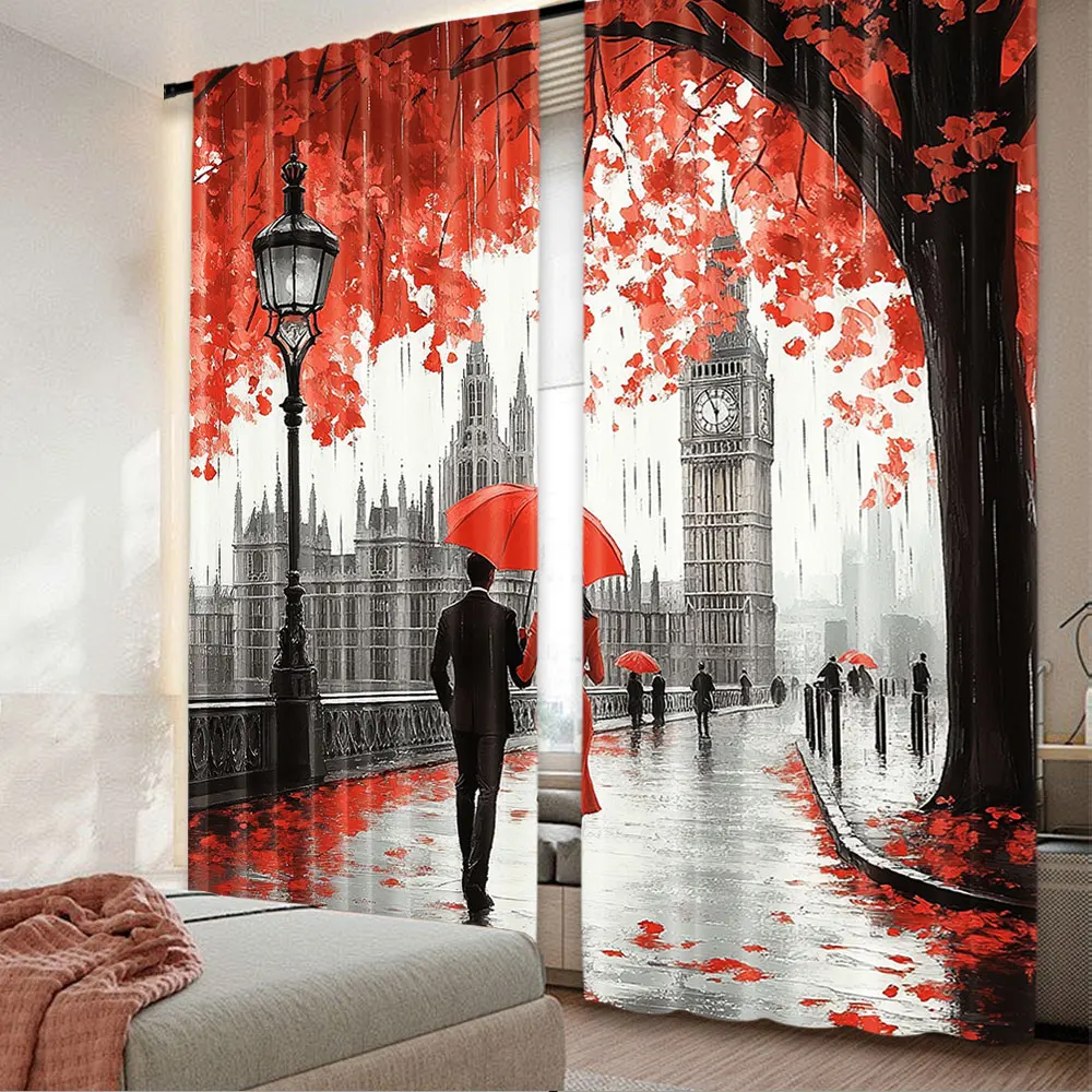 

2Pcs New York City Romance Curtain Rainy Day Maple Leaf Street Lamp Beautiful Modern Theme Gray Red Couple Suitable For Living