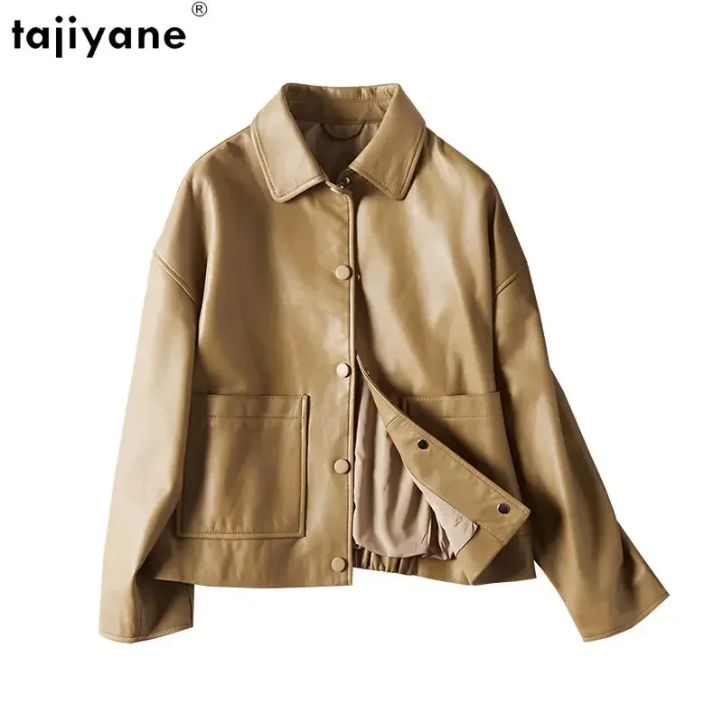 Tajiyane-Veste en cuir de mouton véritable pour femme, manteau à boutonnage simple, 100% peau de mouton véritable, mode femme, 2023