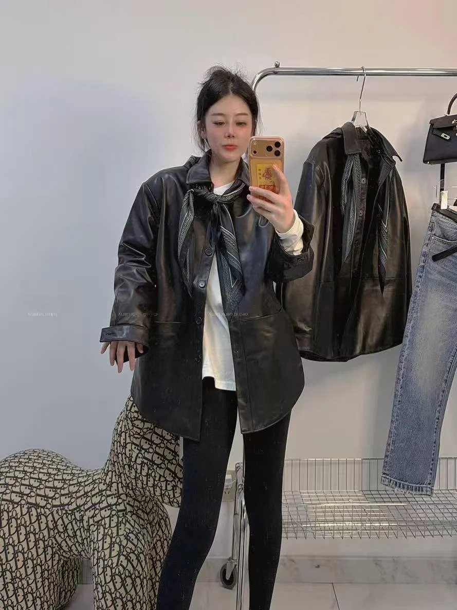 

Ning 2026 New Sle Women's Leather Jaet Genuine eepskin Long Sve Zipper Closure Slim Fit Luxury Feel Coat