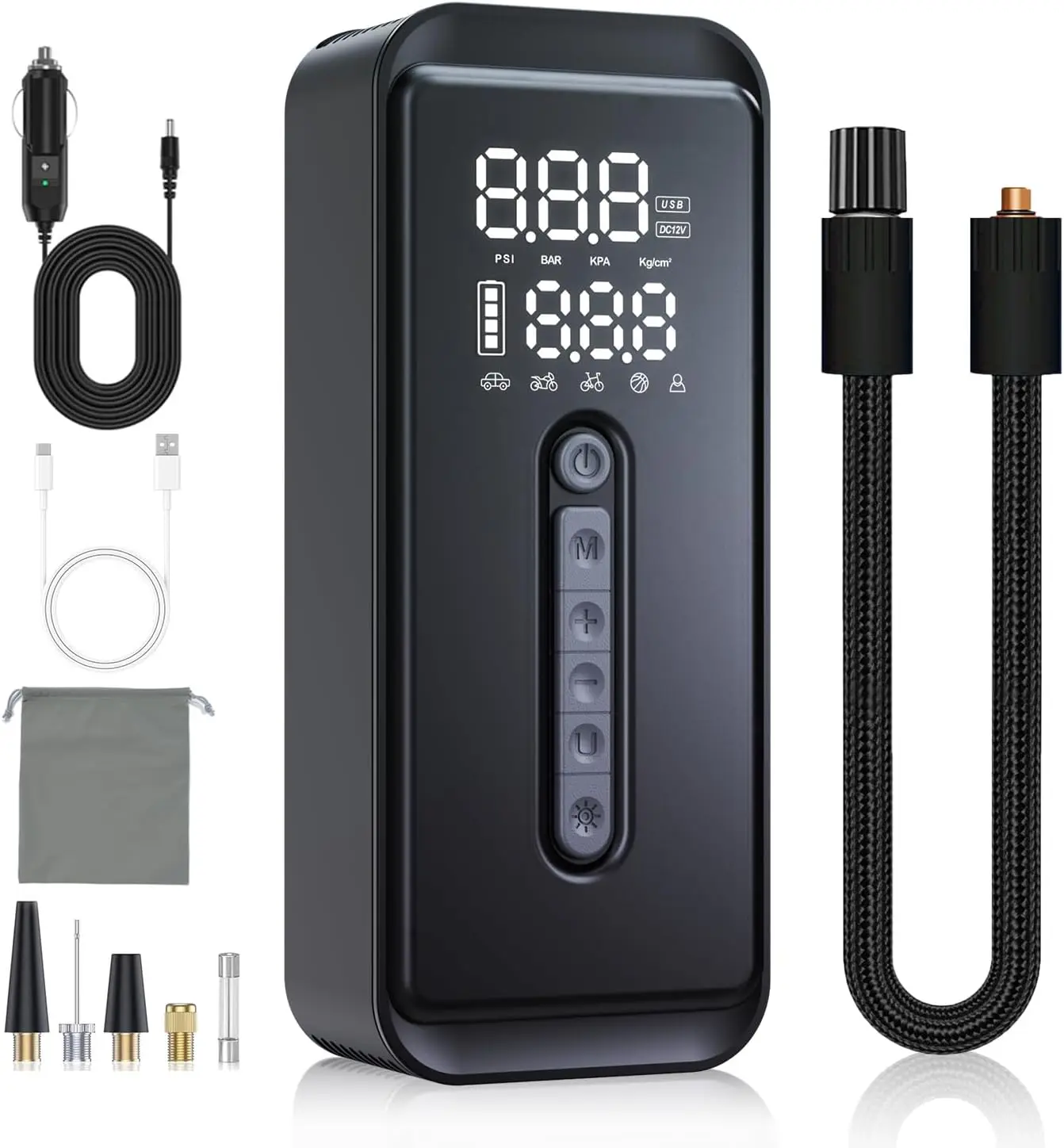 

Portable Tire Inflator 150 PSI - Rechargeable Air Pump for Car, Motorcycle, Bicycle with LED SOS (Black)