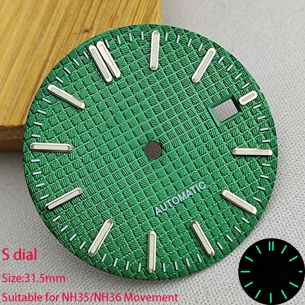 31.5Mm NH35/NH36 Dial Jam Tangan Dial S Hijau Dial Bercahaya Cocok untuk Pergerakan NH35/NH36 Aksesori Jam Tangan Alat Perbaikan Jam Tangan