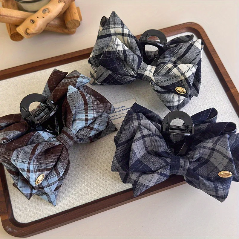 

College-Style Korean-Inspired Plaid Bow Clip Trendy Minimalist Gold-Label Shark Clip Back-of-Head Bun Hair Accessory