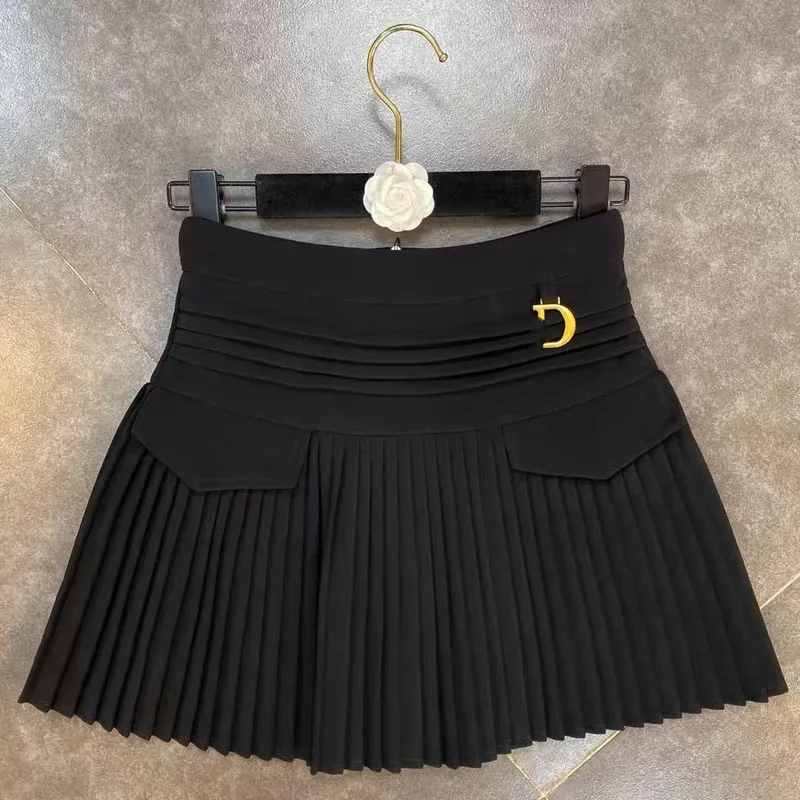 Autumn fashion 3-15 white black teen Girls Golden Velvet pleated Skirt Letter Metal Buckle Double Korean Edition draped skirt