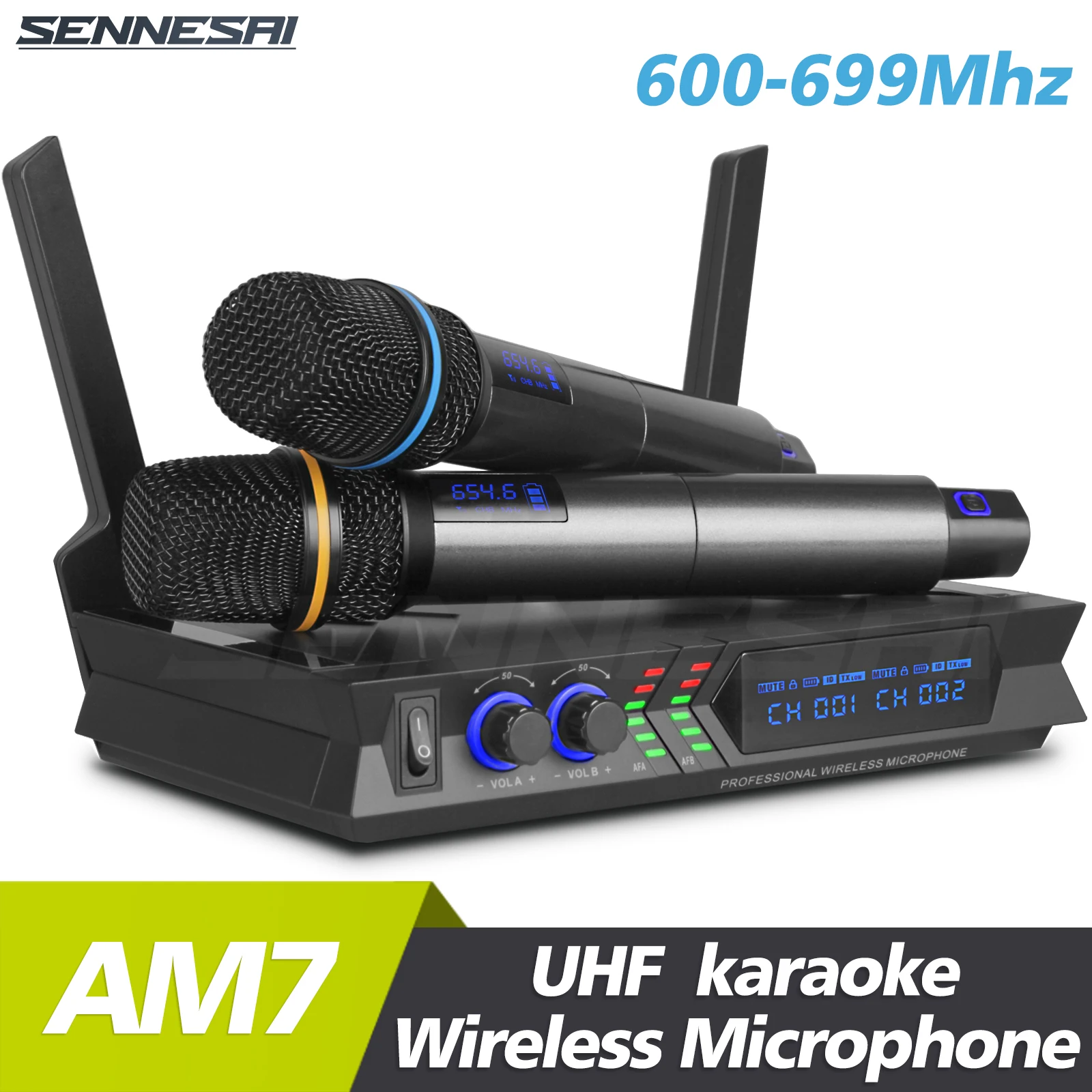 SENNESAI AM7 Professional Dual Wireless Microphone 640-690MHz System Stage Performances UHF Dynamic 2 Channel Handheld