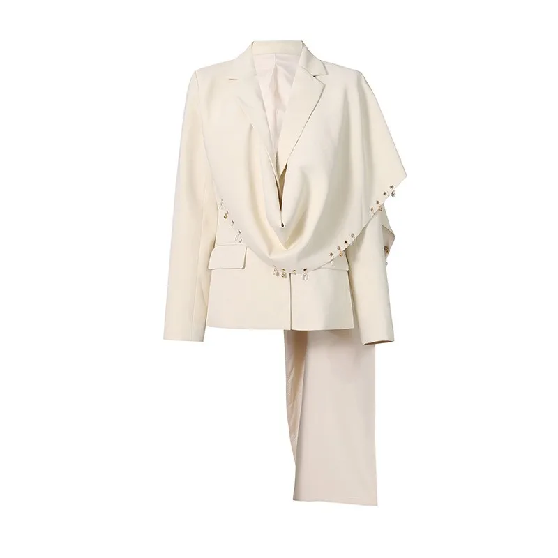 Patchwork Long Sleeve Coat with Irregular Cut Elegant Commuter Regular Length Notched Lapel Single Breasted Women Suit Autumn