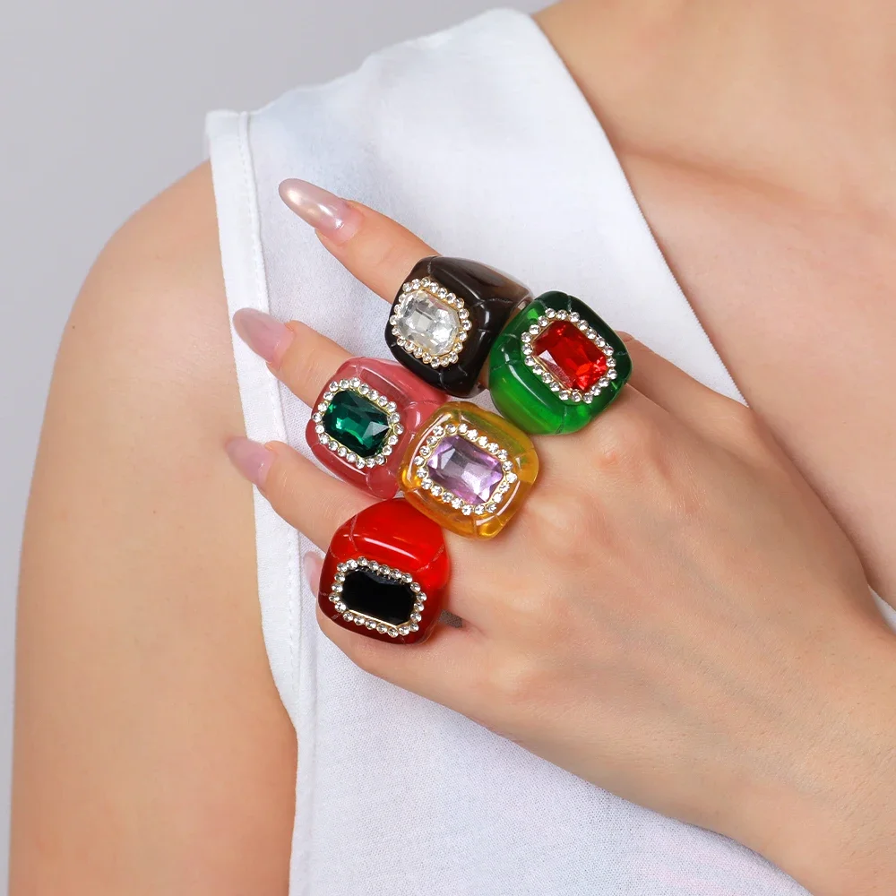 Übertriebene Bunte Strass-Acryl-Fingerringe für Frauen Retro Klassischer Geometrischer Großer Kuppel-Harzring Elegantes Schmuckgeschenk – Detail 5