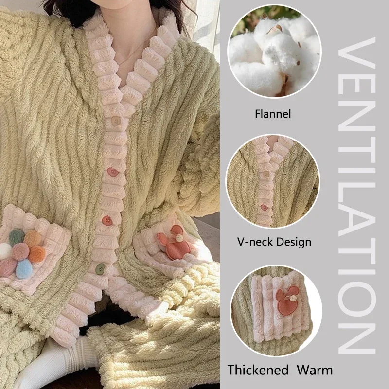 Thickened Warm Flannel Women Sleepwear Loungewear Cardigan Suit Winter Sweet Kawaii Soft Fairy Wind Ladies Pajamas Homewear