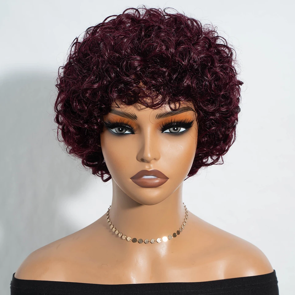 Pelucas rizadas Afro de Bob corto brasileño Pixie con flequillo para mujeres negras pelucas de cabello humano hechas a máquina marrón Natural 99J