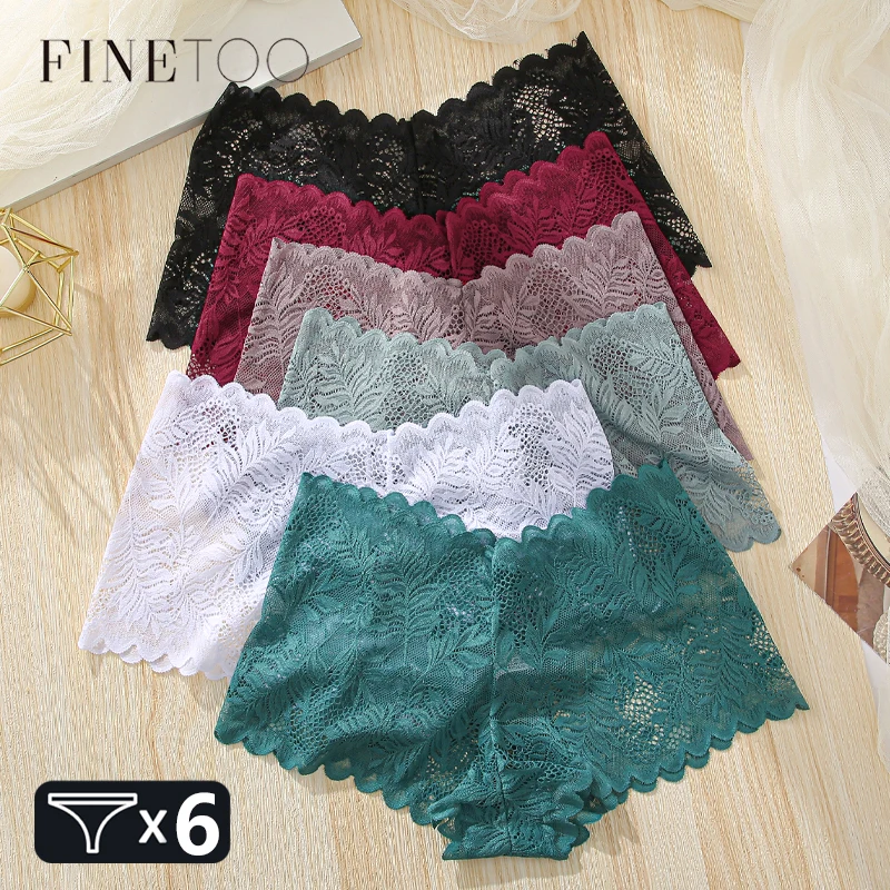 FINETOO 6PCS Women Sexy Lace Boyshort Hollow Out Floral Panties Female Low Waist Transparent Underpants Invisible Lingerie S-XL