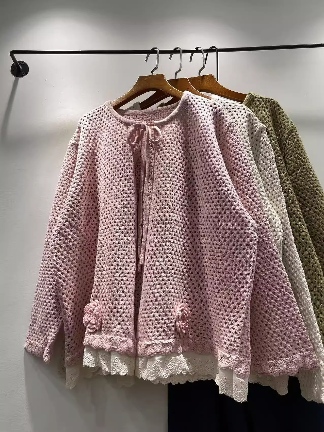 2026 Women Sweater Autumn Winter Handmade Flower Loose Cardigan Long Sleeve Mori Girl Japanese Kawaii Lace-up Knitted Coat