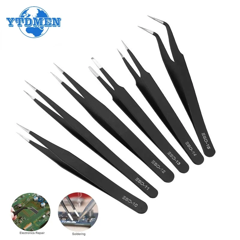 1pcs/6pcs ESD Anti Static Tweezers Stainless Steel Tweezers Elbow Tip Flat ESD-10/11/12/13/14/15 DIY Electronics Repair Tool