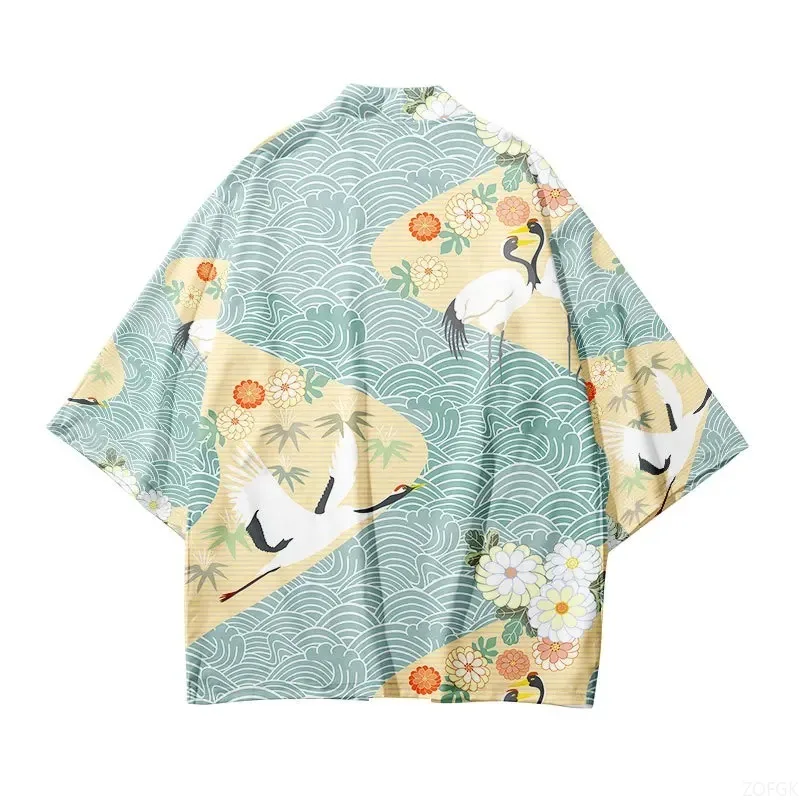 Traditionelle Samurai Kimono Männer Japanische Anime Kran Druck Cosplay Haori Weibliche Frauen Strickjacke Yukata Hemd Sommer Robe