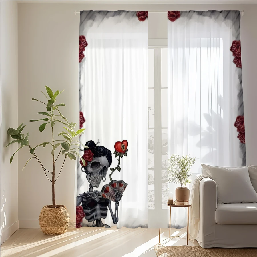2PCS Digital Print Sheer Curtain, Skeleton Bride Red Rose Day of the Dead Window Drapes for Living Room Bedroom Home Decor