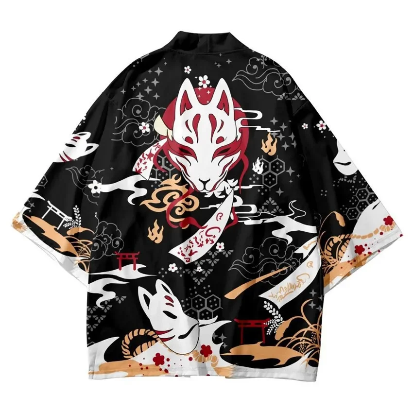 Men's Japanese Flower Fox Kimono Yukata Men Women Cardigan Loose Blouse Haori Obi Asian Anime Clothes Harajuku Japanese Kimono