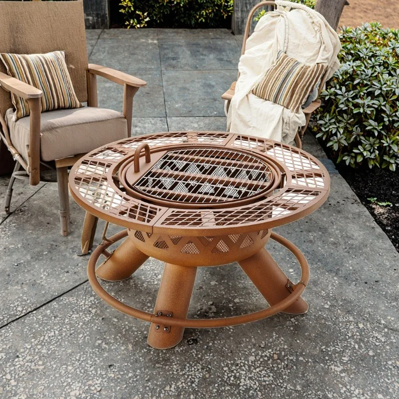2026 Modern Outdoor Steel Charcoal Dual-Use Fire Pit & Heating Barbecue Grill Set Portable Powder Coated Fire Table Outdoor Gard