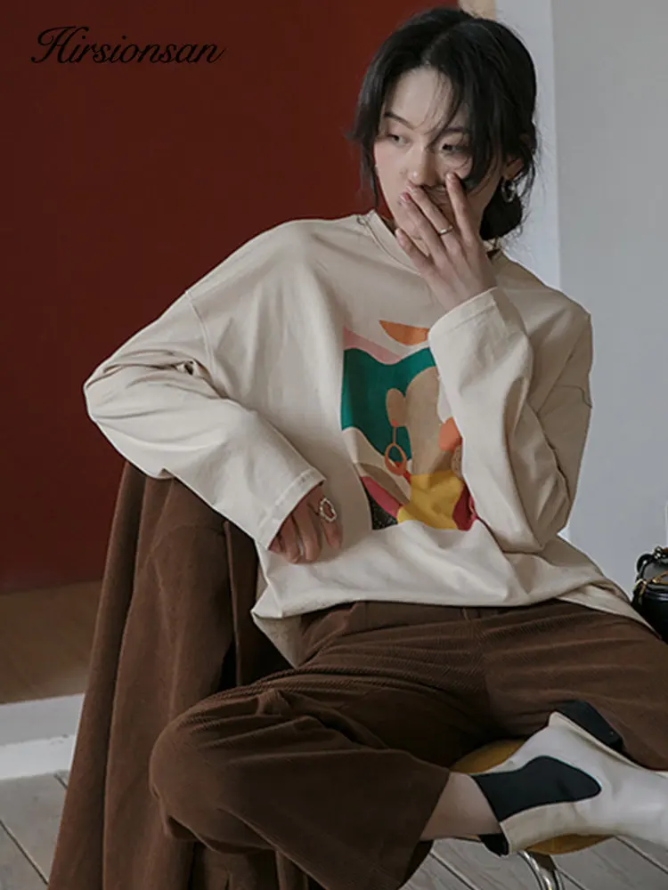 Hirsionsan Vintage Printed Long Sleeve T-shirt Women Loose 100% Cotton O-neck Tees Female Chic Aesthetic Graphic Pullover 2023