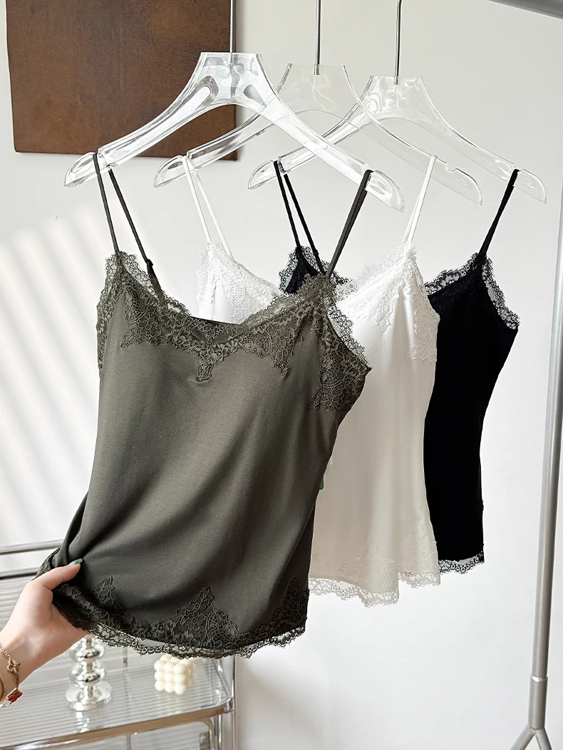 SuyaDream. Women Knit Camis, Lace V neck, Cup Padded T Shirt, Silk Modal Blend, 2025 New Summer Vests