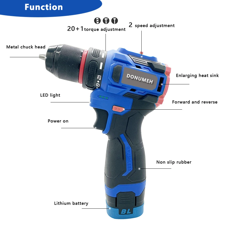 DONUMEH 20V Cordless Electric Drill Impact Electric Screwdriver Brushless Motor Big Torque Metal Collet Rechargeable Battery