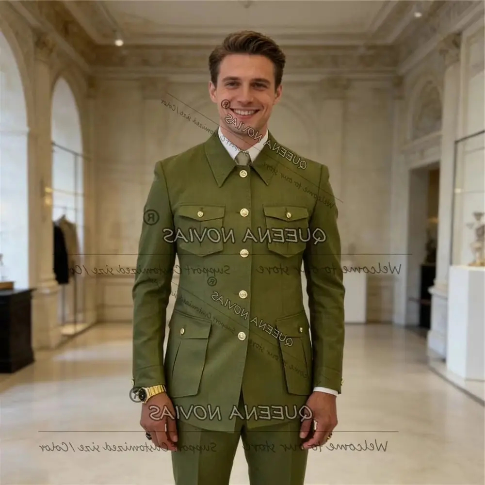 Elegant Solid Suits Men 2 Piece Sets Safari Style Jacket Pants Customized Formal Wear Man Outfits Groom Wedding Tuxeods Attires