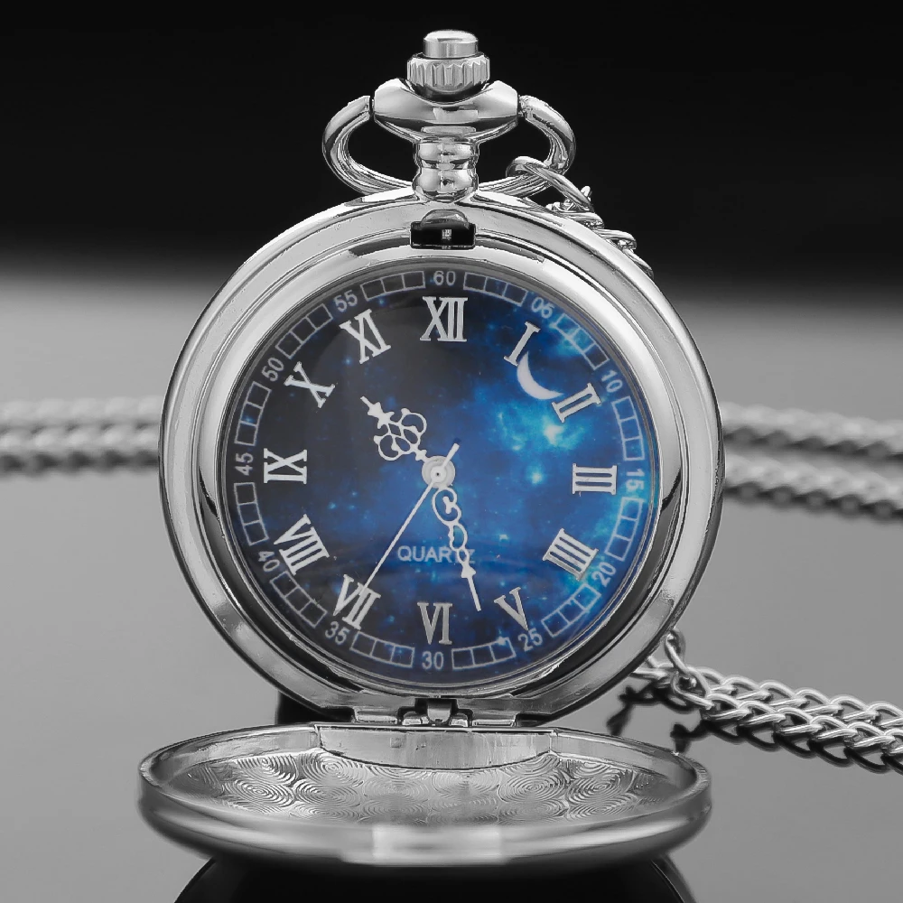 الفضة السلس ساعة جيب كوارتز السماء المرصعة بالنجوم خمر ساعة الجيب قلادة قلادة مجوهرات اكسسوارات هدايا Reloj De Bolsillo