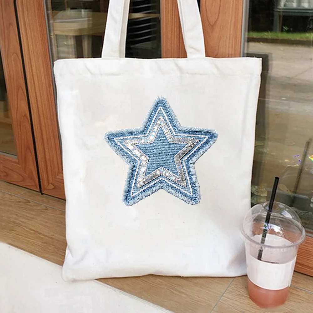 

Sequin Denim Star Canvas Tote Bag Western Style Shoulder Bag