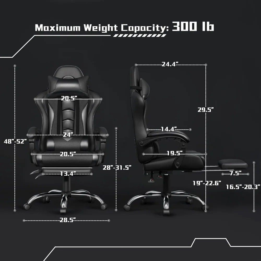Comfortable PU Leather Gaming Chair with Footrest Massage Lumbar Pillow Reclining; Durable Metal Frame Supports Up to 300 lb view 3