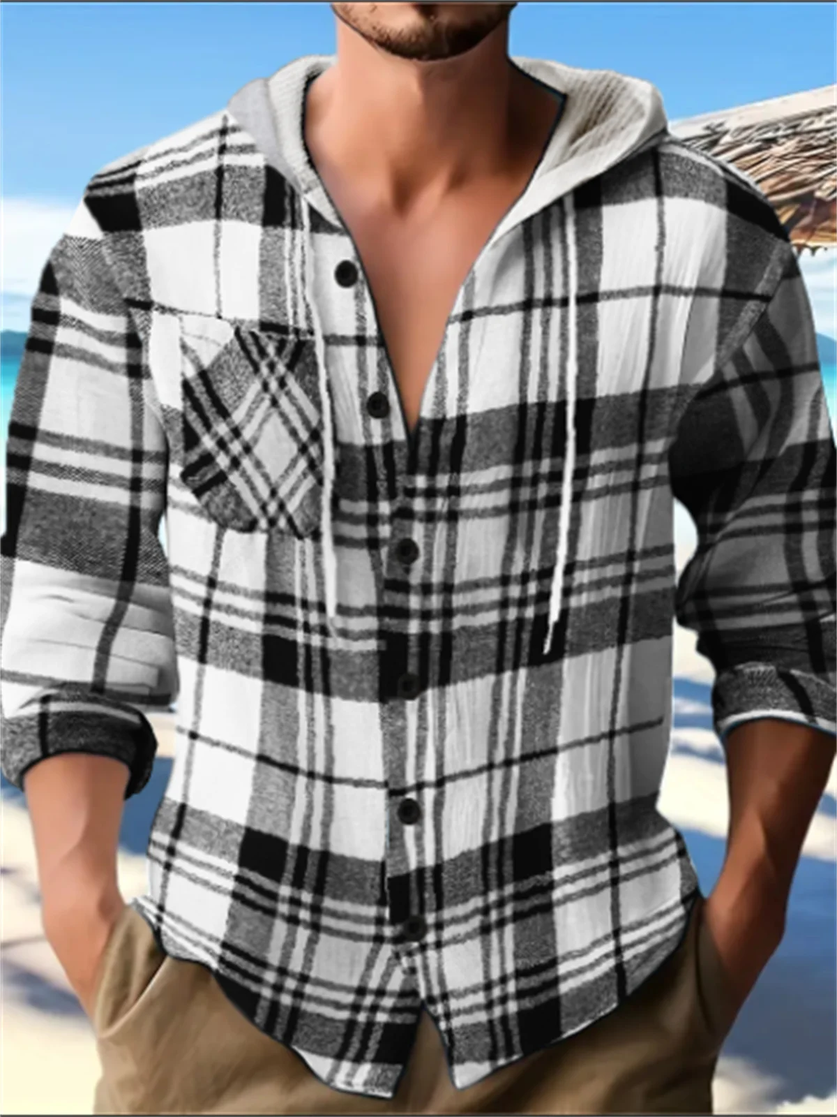 Tiki Sells Outdoor Street Shopping Casual Warm High-end Flannel Plaid Striped Color Contrast Fashionable Men's Hooded Shirt