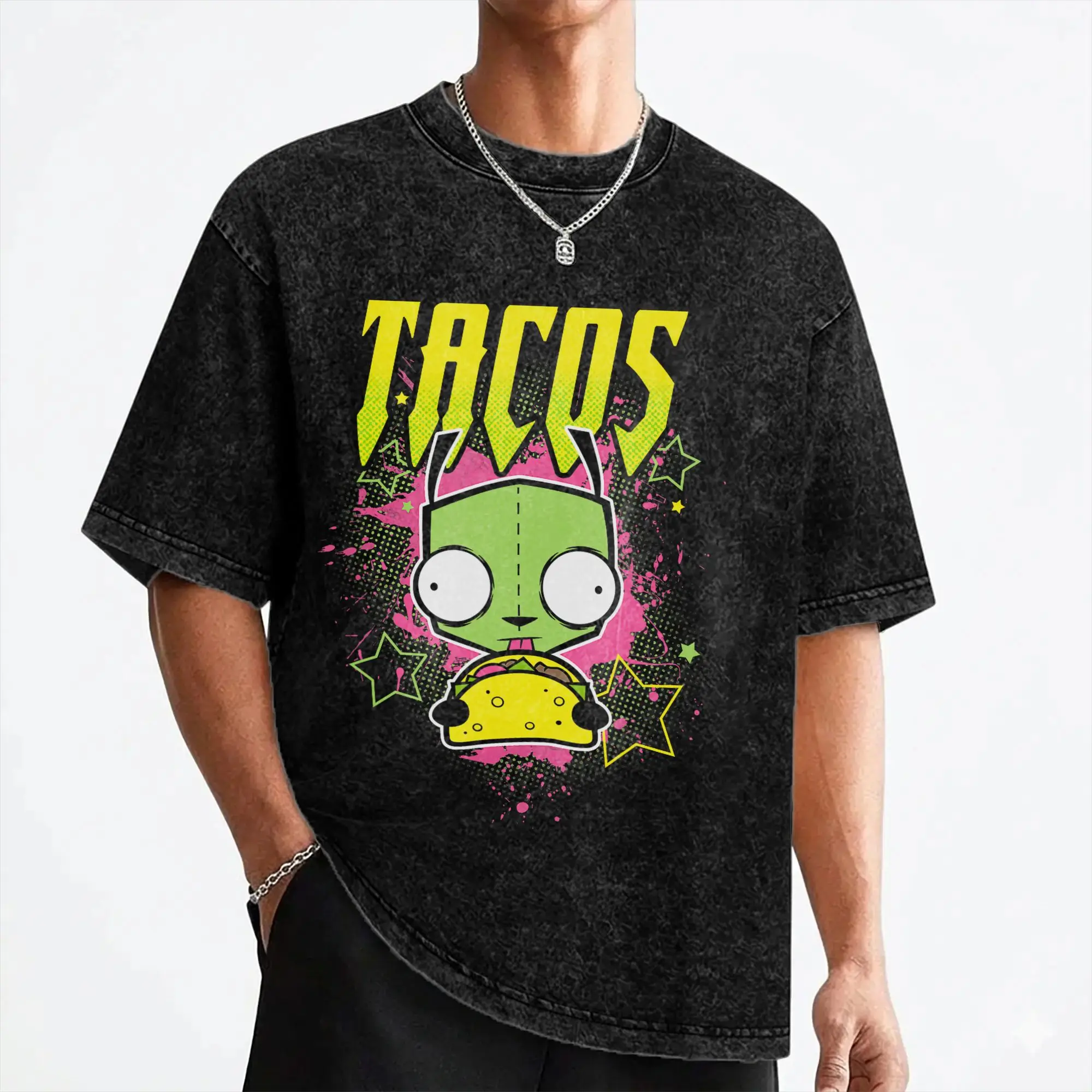 Cartoon Invaders Zim Taco Washed T Shirt Streetwear Retro T-Shirt  Tee Shirt Men Women Short Sleeve High Street Summer