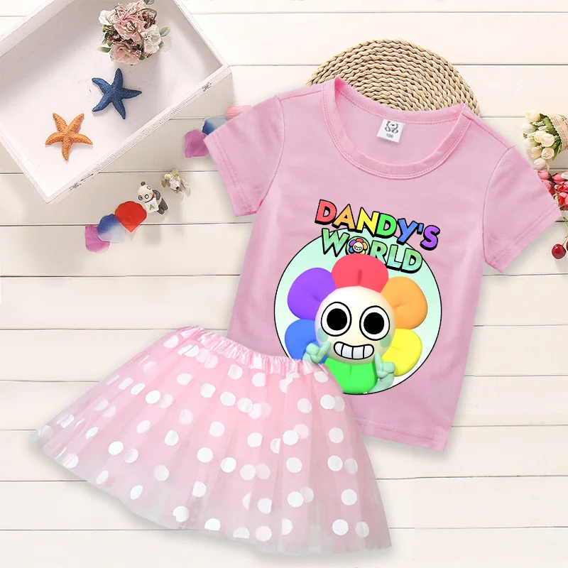 

2 шт., детская футболка Dandys World, платье с мультяшной летней модной юбкой, комплект с круглым вырезом и принтом в горошек, розовая одежда, подарок на день рождения для девочек