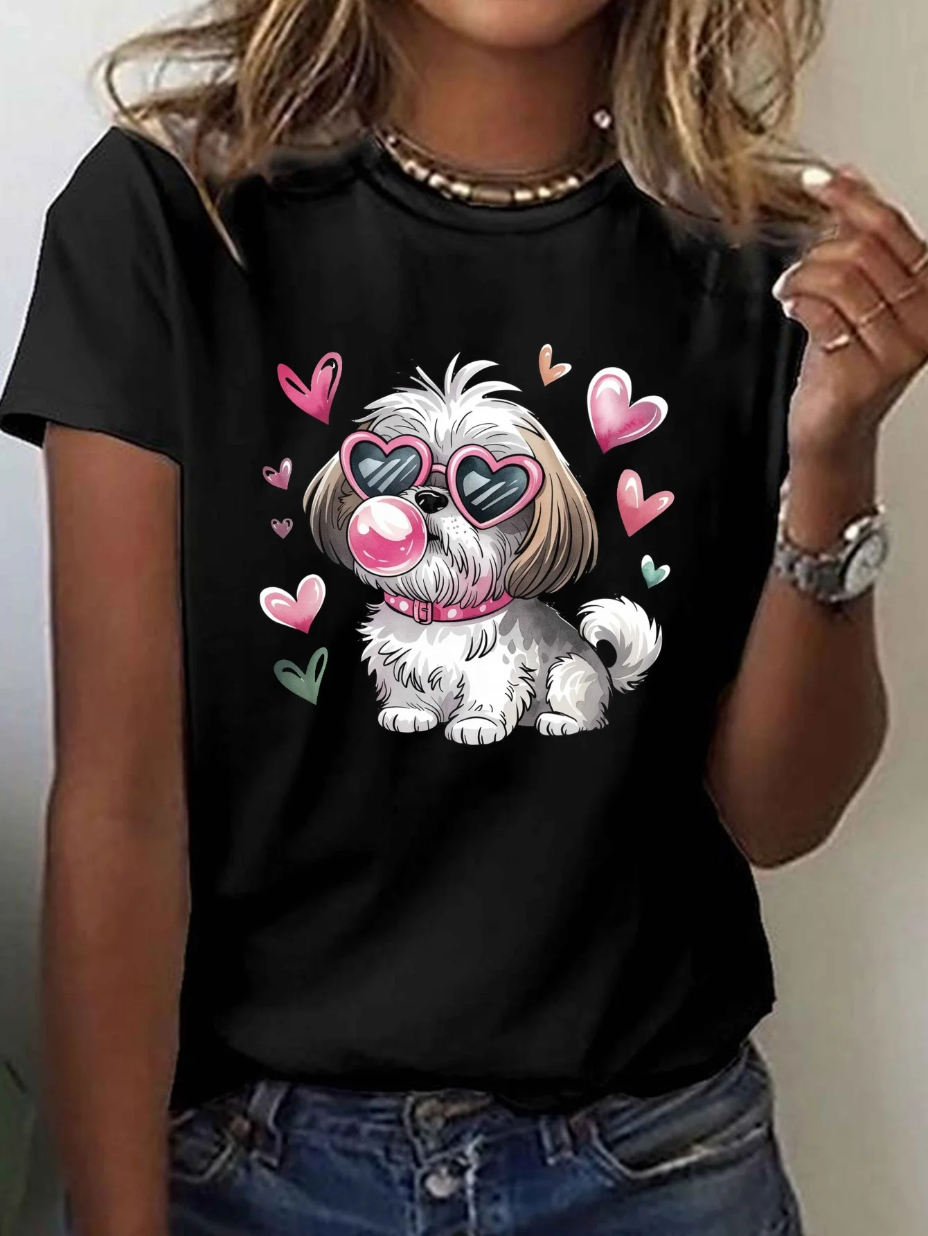

Женская футболка Shih Tzu с сердечком, модные очки с принтом, футболка с круглым вырезом, повседневные летние футболки с рукавами в стиле Харадзюку, уличная одежда