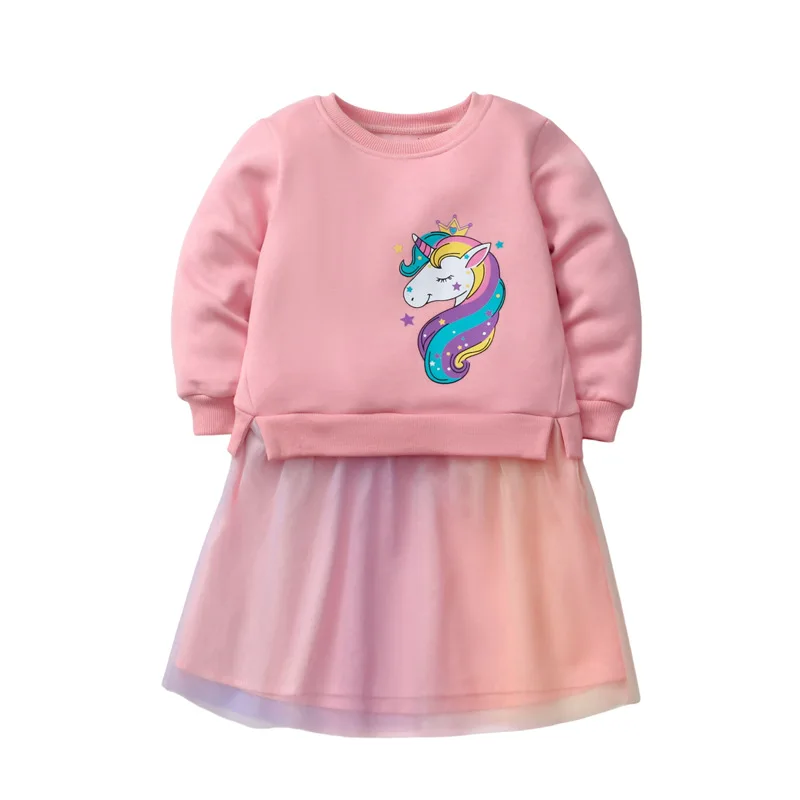 

Children's Clothing Wholesale Girls' Skirts Winter one-piece fleece children's princess dress Fleece-lined Mesh Unicorn Dress