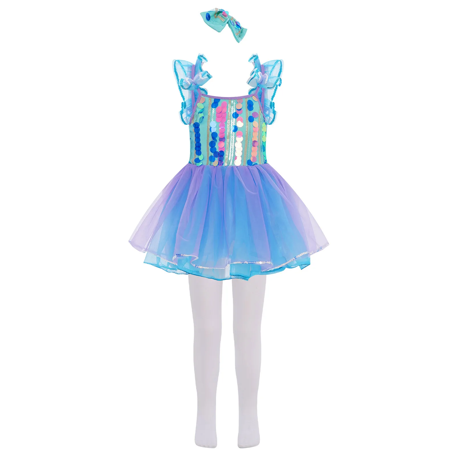 

Kids Girls Ballet Performance Dancewear Sleeveless Sequins Bodice Layered Tutu Dresses+Bowknot Headwear+Pantyhose for Halloween