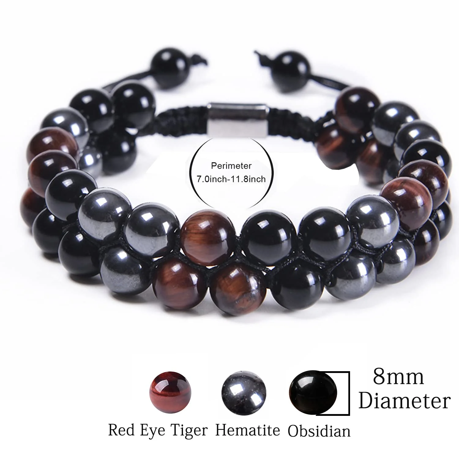 Triple Protection Bracelet for Men Bring Luck And Prosperity 8mm Beads Hematite Black Obsidian  Eye Natural Stone Bracelets Doub