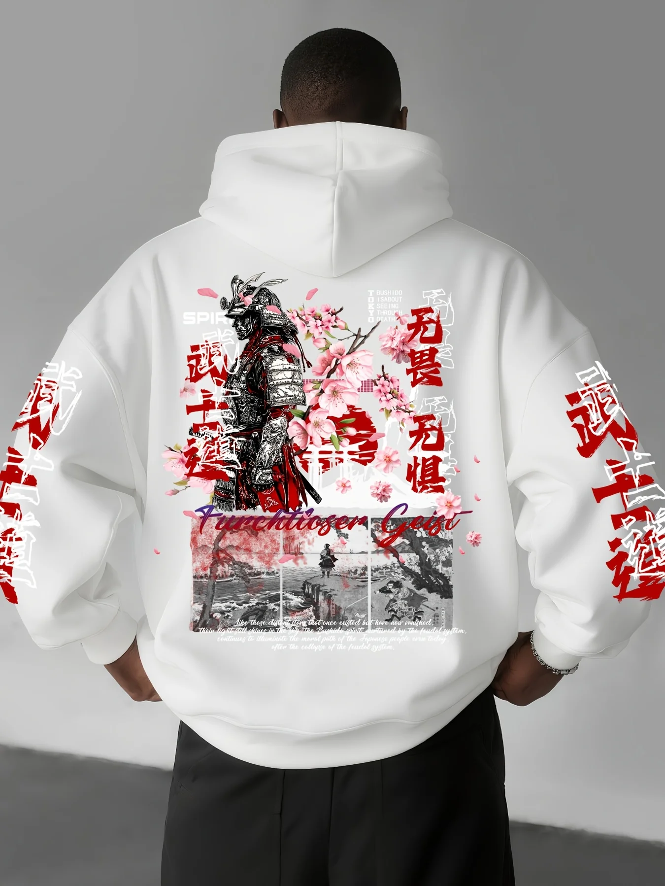 Winter and autumn men's street hip-hop casual trend Tokyo cherry blossom samurai pattern printed fleece warm-up hooded sweater.