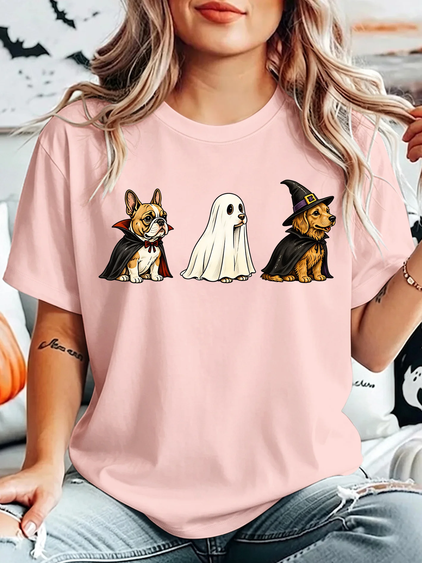 Halloween Vampire Witch Ghost Dog Womens Crew Neck Short Sleeve T Shirt Spooky Puppy Cosplay Fall Graphic Tees For Ladies