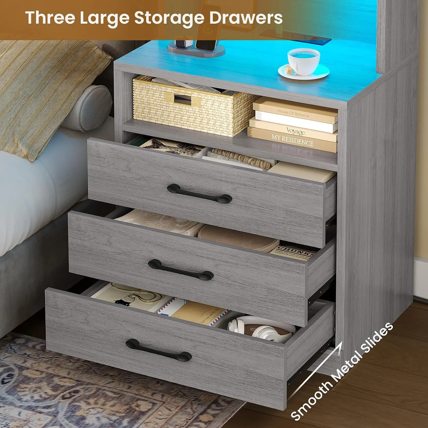 Tall Nightstand Set of 2 with Charging Station,  3 Drawers & Shelf, Bedside Table, Bedroom, 59
