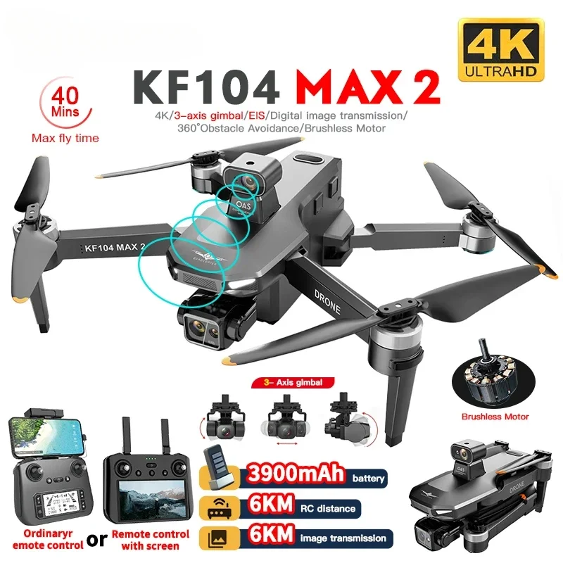 KF104 MAX2 Screen Control Drone 3-Axis Brushless Enhanced Pan Tilt + EIS Electronic stabile HD Camera Laser evitamento ostacoli Dron